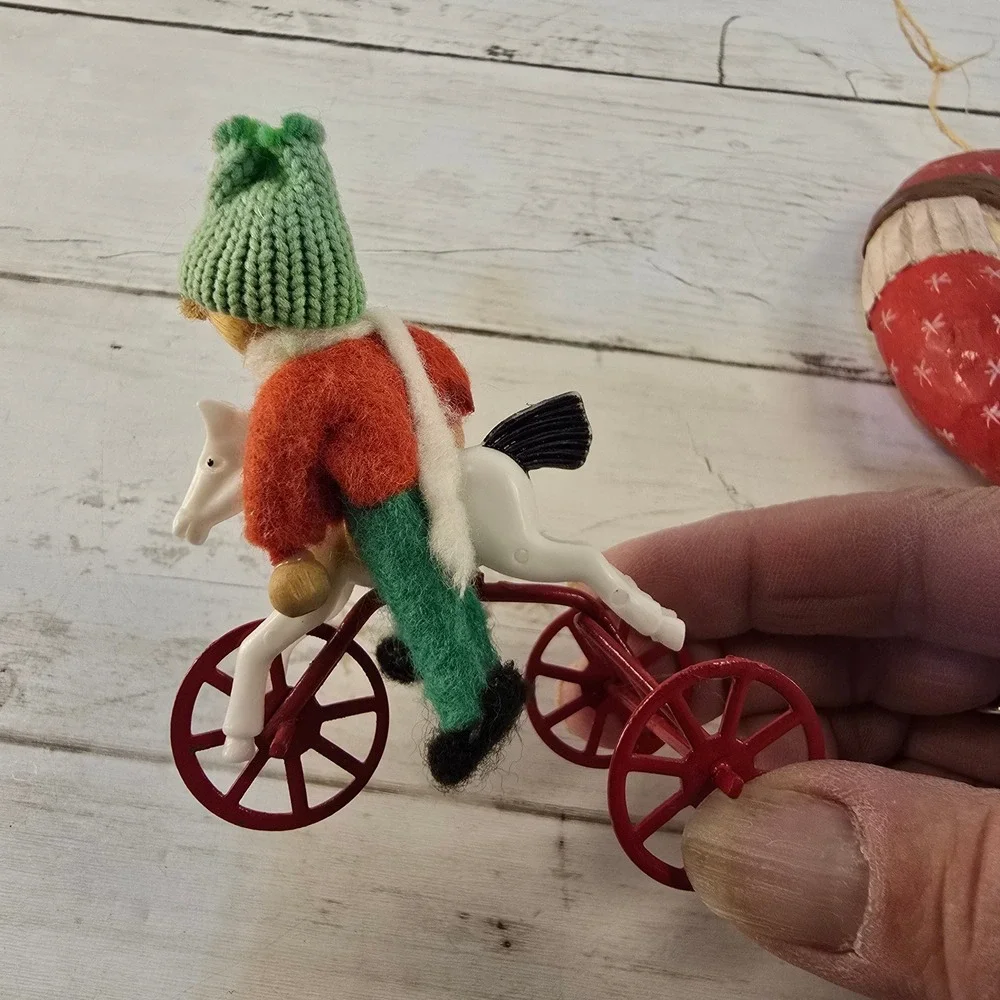 Vintage Christmas Ornament Set Hand Carved Wood Santa Moon and Boy on Tricycle